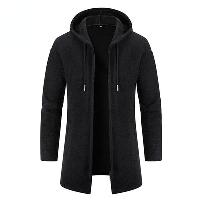 New Men's Long Sleeve Coat Solid Color Thick with Hooded Long Zipper Sweater Windproof Warm Breathable Plus Jackets Cardigan