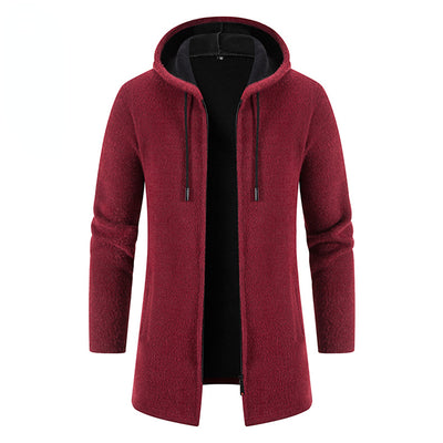 New Men&#39;s Long Sleeve Coat Solid Color Thick with Hooded Long Zipper Sweater Windproof Warm Breathable Plus Jackets Cardigan