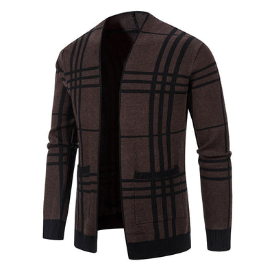Men&#39;s Knitted Cardigan Plaid Slim Jacket Knitted Cardigan