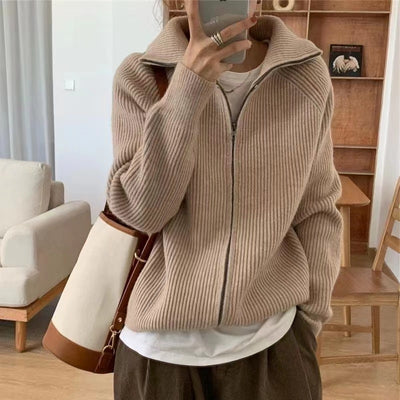 Winter Casual Fashion Style High Collar Thickened Knitted Cardigan Korean Ins Zipper Design Hip Hop Warm Lapel Sweater For Women