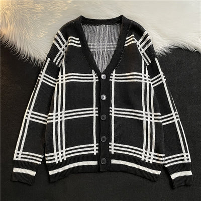 Checkered Pattern Casual Men's UK Style Knited Coat Button Closure V-Neck Knitting Suit Coat Streetwear