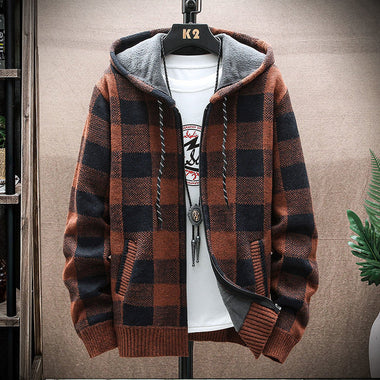 Autumn Winter Men&#39;s Fashion High Quality Plaid Hooded Knitted Sweater Cardigan Casual Thick Warm Long Sleeve Zipper Jackets Coat