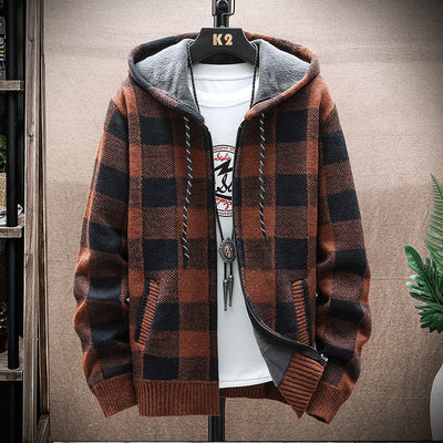 Autumn Winter Men&#39;s Fashion High Quality Plaid Hooded Knitted Sweater Cardigan Casual Thick Warm Long Sleeve Zipper Jackets Coat