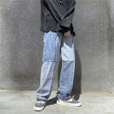 Korean Style Fashion Men&#39;s Denim Wide-leg Pants 2021 New Autumn Loose Straight-leg Jeans Paneled Denim Trousers Male