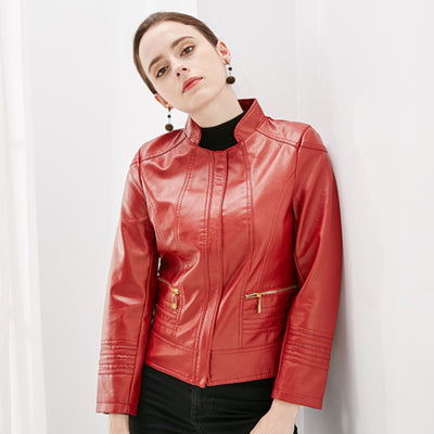 Basic PU Leather Jackets Women Spring Autumn Long Sleeve Moto Biker Zipper Jacket Slim Fit Black Red Oversize Plus Size Coats