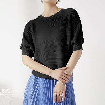 Miyake summer women's fashion T-shirt pleated simple solid color round neck loose five-quarter sleeve casual pullover top