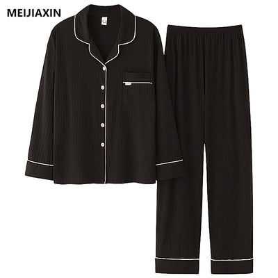 Autumn Men Pajamas Set Knitted Cotton Mens Sleepwear Long Sleeve Turn-down Collar Plus Size 3XL Male Homewear Suits