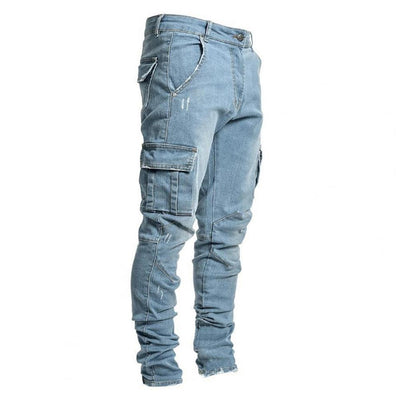 Vintage Cargo Pants Baggy Jeans Blue Denim Multi Pockets Men Jeans Solid Color Denim Mid Waist Stretchy Skinny Jeans Trousers