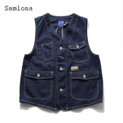 Samlona Men&#39;s Casual Denim Jackets 2022 Single Breasted Tops Sexy Multi-pockets Jean Vest Men Sleeveless Fashion Jeans Outerwear
