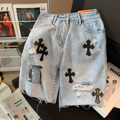 Cross embroidered Ripped Denim Shorts European and American High Street Cross Jeans hip-hop Boyfriend straight loose pants y2k