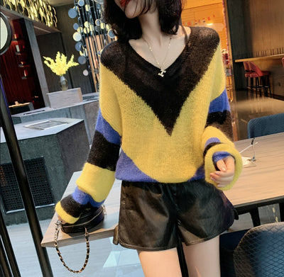 Women's Mohair Sweater Sexy V-neck Striped Hollow Knit Oversized Long Sleeve Pullover Sweater 2021 Fall Fashion Harajuku Jumpers