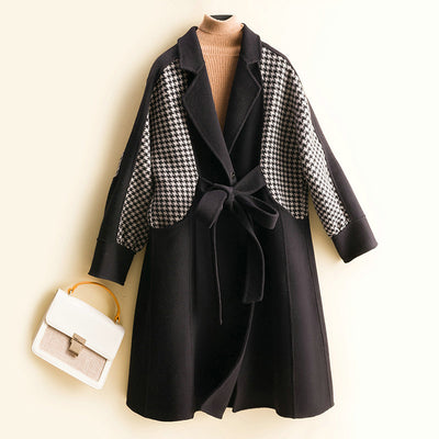 Long stitching contrast color wool double-sided woolen coat women's belt style woolen coat temperament large size suit collar