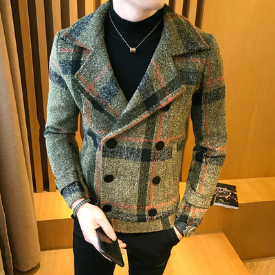 Men&#39;s Short Woolen Coat for Fall/winter 2022 High-quality Fashion Men&#39;s Double-breasted Plaid Business Casual Thick Warm Jacket