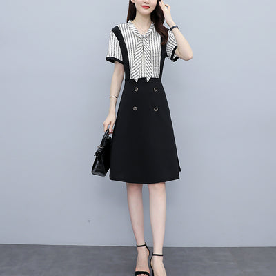 Chiffon Women's Mid Length Dress Summer Loose Bow Tie Splicing Short Sleeve Female Clothing Houthion