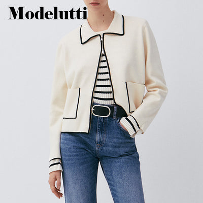 Modelutti 2022 New Autumn Winter Splicing Polo Knitted Sweater Short Coat Women Solid Color Zipper Simple Casual Tops Female