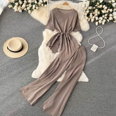 Women&#39;s Pants Set Fashion Irregular Short Sleeve Pullover Top &amp; Casual Wide Leg Pants Two Piece Set Summer Trousers Suits