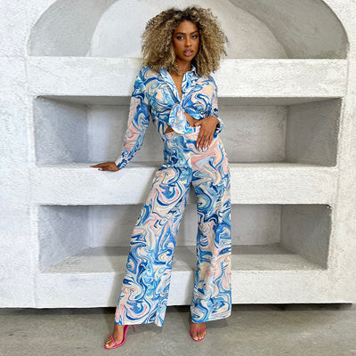 Printed Casual Shirt Women Autumn 2 Piece Set Female Single Breasted Tops Wide Leg Pant Suits Ladies Elegant Long Sleeve Outfits