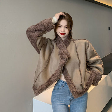 Autumn Winter New Sweet Vintage Thicken Coat Japanese Style Lamb Wool Lining Woman Jacket 2021 Warm Fur Collar Zipper Femme Tops