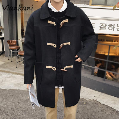 Men's Woolen Jacket Autumn and Winter Retro Horn Button Lapel Woolen Coats Male Mid-length Fashion Solid Loose Trench Jackets