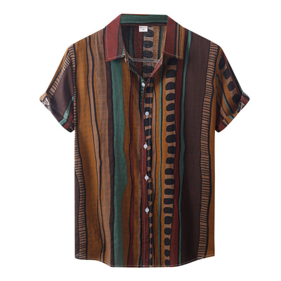 Collar Sleeve Shirt Turn-Down Stripe Breasted Men's Short Shirt Single Print Casual Men Shirts