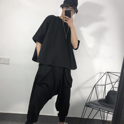 Men&#39;s Harun Pants Spring And Autumn New Solid Color Elastic Waist Personality Big Pocket Design Seven Points Loose Casual Pants
