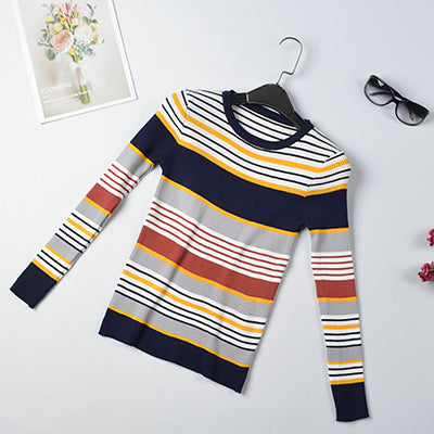 Autumn Winter Hit Color Striped Women Sweater Korean Fashion Clothes Sweaters Pullover Long Sleeve Top  Mujer Invierno