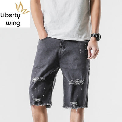 Male Casual Denim Shorts Korean Fashion Streetwear Vintage Washed Hole Ripped Trouser Summer Slim Straight Jeans Man Plus Size
