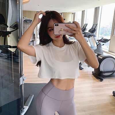 Summer Blouse For Women Sexy Navel Loose Sportswear Short-Sleeved Solid Thin Stretch Quick-Drying T-Shirt Running Gym Yoga Top