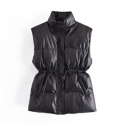 Women Black Sleeveless Leather Vest 2021 Autumn Winter Fashion Ladies Casual Waist Jacket Femal Loose Thick Warm Vest Coat