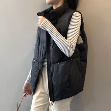 Autumn Winter New Korean Style Loose White Duck Down Sleeveless Vest Jacket Zipper Casual Open Stitch Solid Color Down Jacket