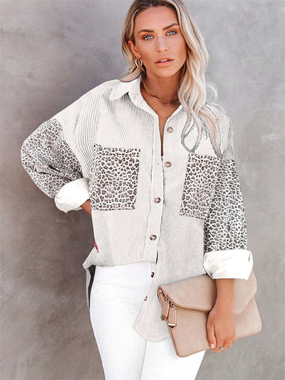 OMZIN Women's Casual Corduroy Shirt Long Sleeve V-Neck Loose Leopard Print Elements Coat Vintage Button Down Jacket