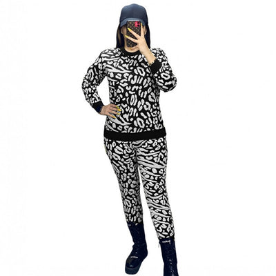 Two Piece Set Fall New Leopard Print Long Sleeve Top Elastic Waist Pants Stretch Matching Tracksuit Outfits Casual Women's Set