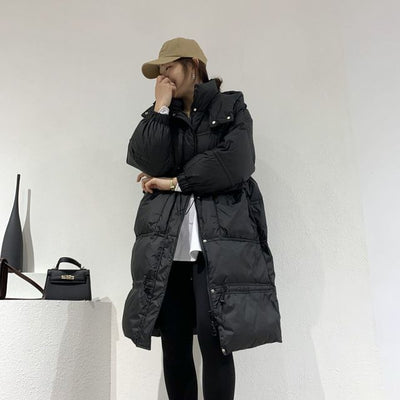 2021 Winter European Style Long Vintage Womens Snow Clothes Hooded Warm White Duck Down Jacket Casual Pockets Parkas