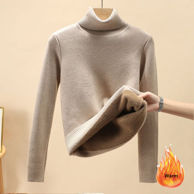 Turtleneck Plus Velvet Thicken Sweater For Women Winter Slim Warm Fleece Lined Bottomed Pullover Black Classic Solid Kintted Top
