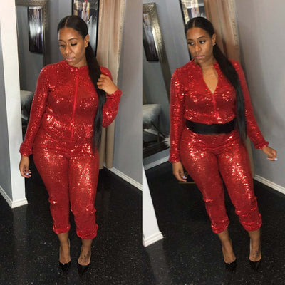 AHVIT Glitter Red Sequined Bodycon Jumpsuits Front Zipper O Neck Full Sleeve Skinny Party Romper Women Sexy Catsuit LL0242