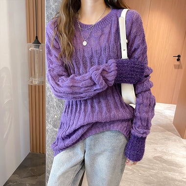 Autumn Winter New Chic All-Match Temperament Hollow Out Pullover Loose Knitting Tops Women Long Sleeve Sweater