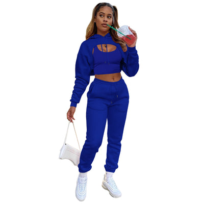 New Autumn Winter Casual 3 Three Piece Sport Suits Women Tracksuit Cotton Tank Tops+hooded Long Sleeve Hoodies+jogger Sweatpants