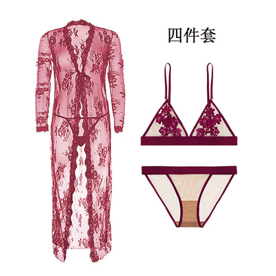 Ningsige Sexy Embroidery Wire Free Thin Cup Bra Set Robe+bras+thongs 3pcs S-XL for Women