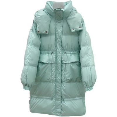 2021 Winter European Style Long Vintage Womens Snow Clothes Hooded Warm White Duck Down Jacket Casual Pockets Parkas