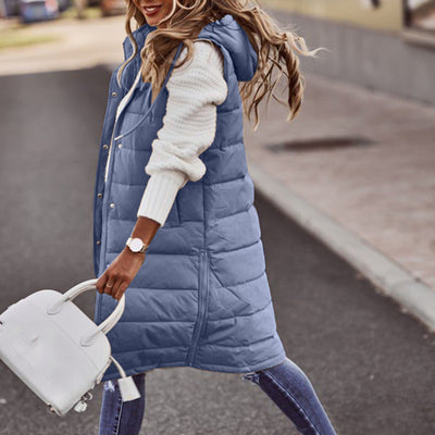 Women's Long Winter Coat Vest With Hood Sleeveless Warm Down Coat With Pockets Quilted Vest Down Jacket Quilted Outdoor Jacket#