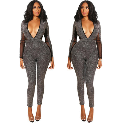 AHVIT Backless Hollow Out Deep V Neck Sexy Women Jumpsuits Long Sleeve Diamond Patchwork Fashion Skinny Romper YD-Y8048