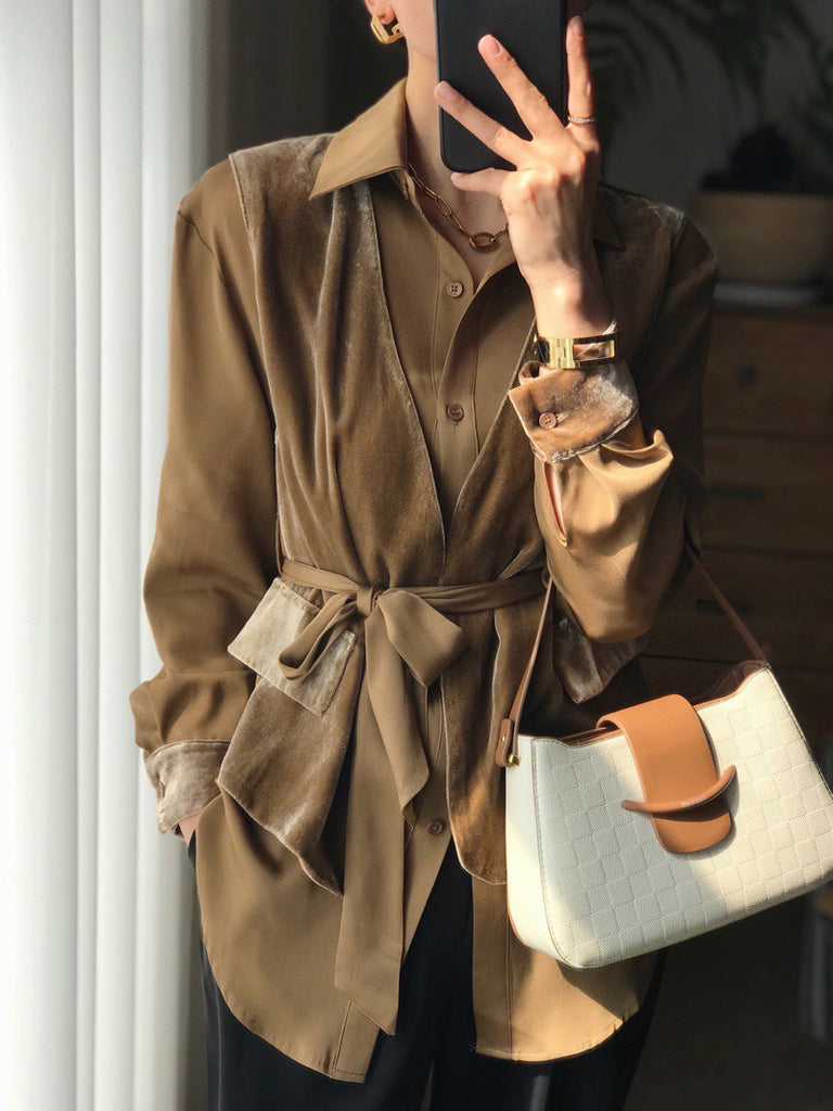 2022 autumn and winter women's clothing fashion new styles Silk Velvet Stitching Shirt
