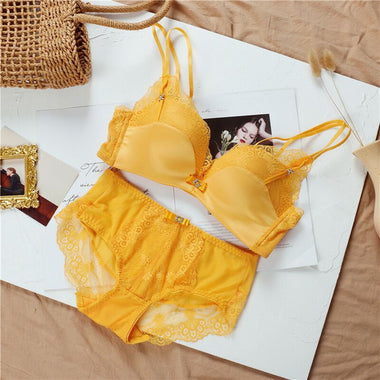 Honviey lingerie sets Sexy Lace Panties Bralette Female gathered Bras Set yellow Lingerie Underwear for Wirefree Brassiere Set