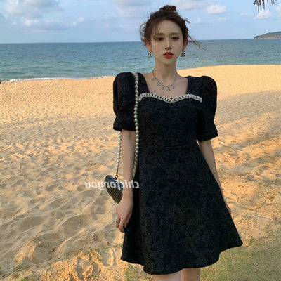 Beach Sundresses for Women Summer 2021 Black Mini Dress Females Gothic Korean Style Short Sleeve Elegant Dress Square Collar