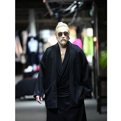 Men's new solid color V-neck large pocket loose fashion cardigan dark jacket kimono regular windbreaker spring and summer