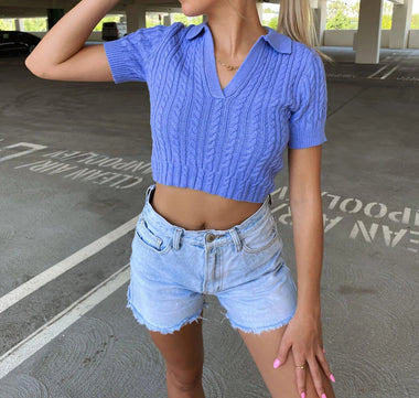V Neck Short Sleeve Sweater Tops T Shirt Casual Simple All-Match Basic Solid Tee Shirt Fashion Summer Street Twist Knitted Wome