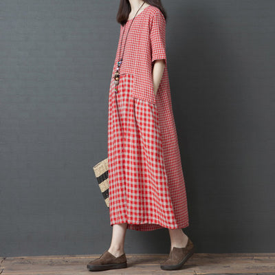 Blossomora Patchwork Plaid Loose Long Dress for Women Casual Fashion Maxi Dress O Neck Streetwear Cotton and Linen Summer Robe