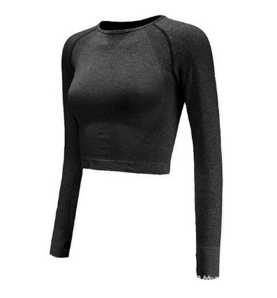 New Style Ladies Tight Yoga Top With Logo Sports Long Sleeve Stretch Sexy Trendy Navel Gym Running Training T-Shirt 4 Colors
