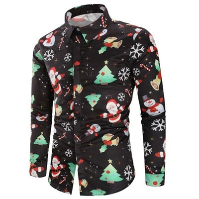 Fashion Shirts For Male Men Casual Snowflakes Santa Candy Printed Christmas Shirt Top Blouse Men&#39;s Clothing Chemise Homme Top