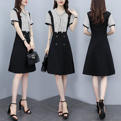 Chiffon Women&#39;s Mid Length Dress Summer Loose Bow Tie Splicing Short Sleeve Female Clothing Houthion